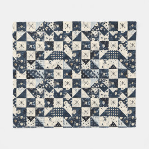 Navy Blue Cream Quilt Patchwork Gingham Patchwork Fleece Blanket