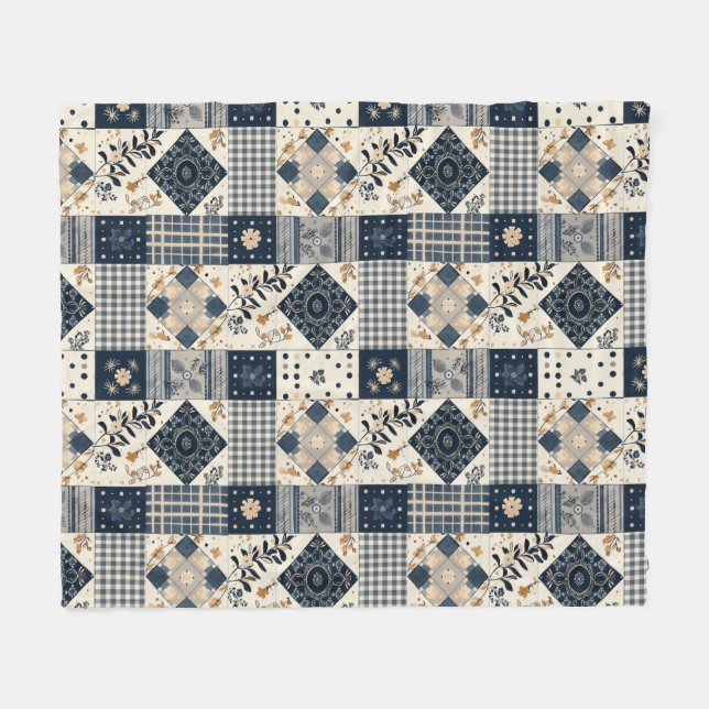Navy Blue Cream Quilt Patchwork Gingham Patchwork Fleece Blanket (Front (Horizontal))