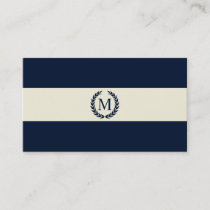Navy Blue &amp; Cream Stripe Monogram Business Card