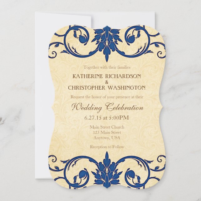 Navy Blue Cream Swirls Vintage Wedding Invitation (Front)
