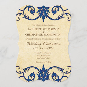 Navy Blue Cream Swirls Vintage Wedding Invitation
