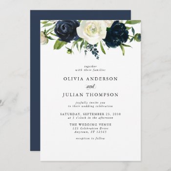 Navy Blue & Cream White Floral Watercolor Wedding Invitation by oddowl at Zazzle