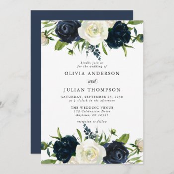 Navy Blue & Cream White Floral Watercolor Wedding Invitation by oddowl at Zazzle
