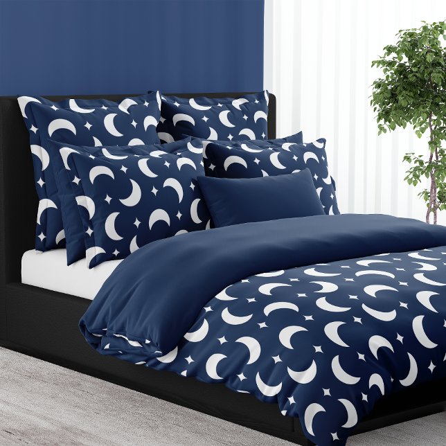 Navy Blue Crescent Moon And Stars Celestial Duvet Cover (Creator Uploaded)