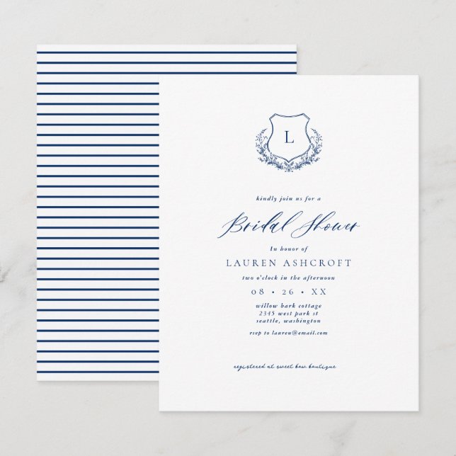 Navy Blue Crest Bridal Shower invitation Card (Front/Back)