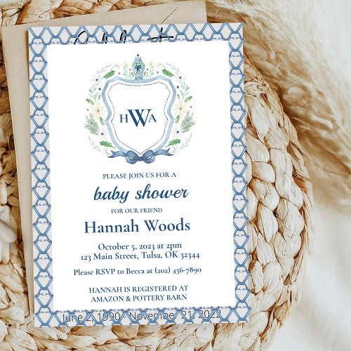 Navy  Blue Crest Chinoiserie Monogram Baby Shower Invitation