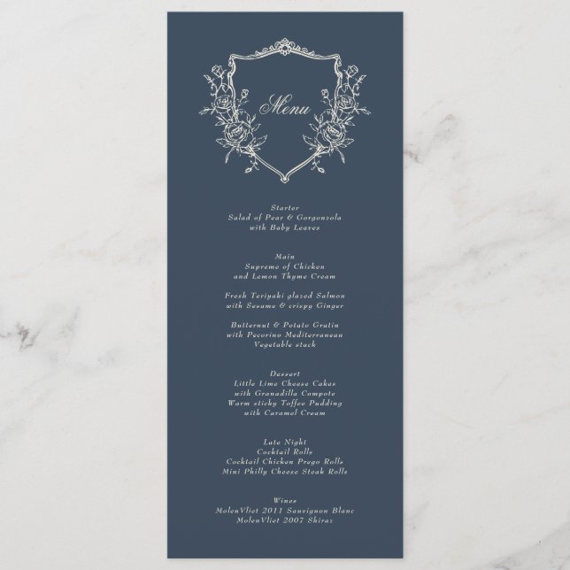 navy blue Crest Classic Elegant Wedding Menu (Front)
