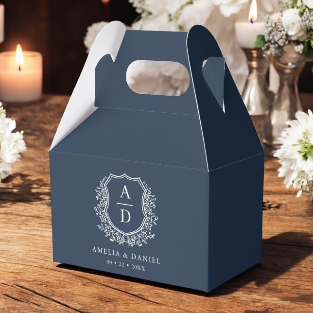 Navy Blue Crest Floral Monogram Wedding Modern Favor Boxes (Creator Uploaded)