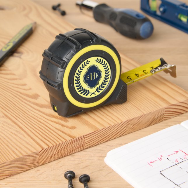 Navy-Blue Crest Laurel Wreath Monogram  Tape Measure (Woodwork)