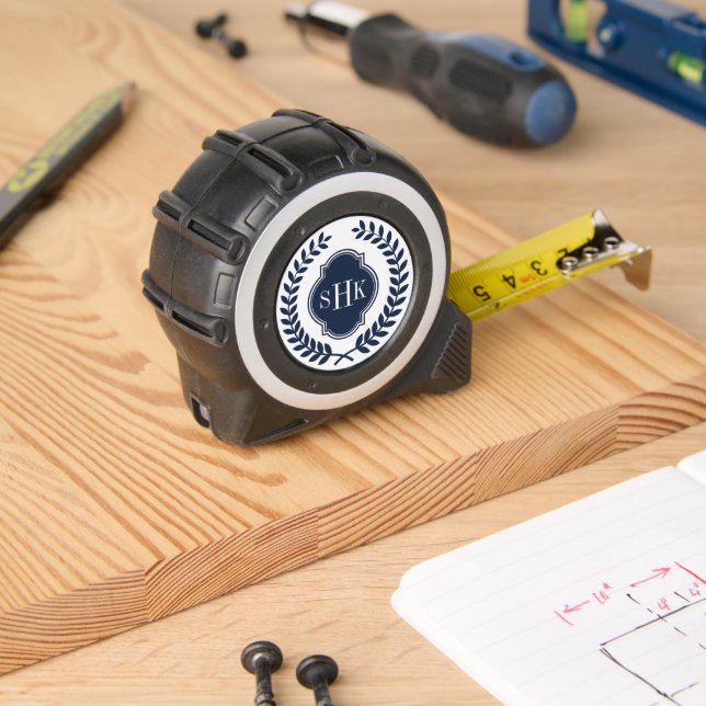 Navy-Blue Crest Laurel Wreath Monogram  Tape Measure (Woodwork)