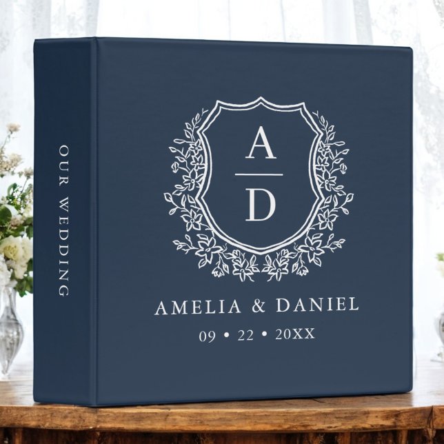 Navy Blue Crest Modern Monogram Wedding  3 Ring Binder (Creator Uploaded)