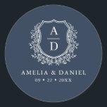 Navy Blue Crest Modern Monogram Wedding  Classic Round Sticker<br><div class="desc">Add a touch of sophistication to your wedding with the Navy Blue Crest Modern Monogram Wedding Classic Round Sticker. Featuring a deep navy blue background, a refined crest design, and a personalized monogram, this sticker is perfect for enhancing your wedding invitations, favors, or stationery. Its elegant yet modern style makes...</div>