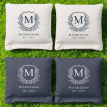 Navy Blue Crest Modern Monogram Wedding  Cornhole Bags