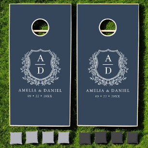 Navy Blue Crest Modern Monogram Wedding  Cornhole Set
