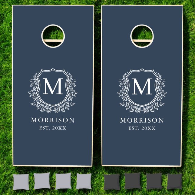 Navy Blue Crest Modern Monogram Wedding  Cornhole Set (Creator Uploaded)