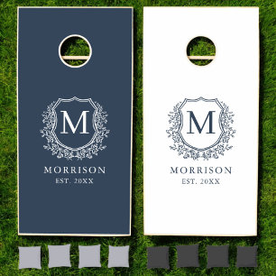 Navy Blue Crest Modern Monogram Wedding  Cornhole Set