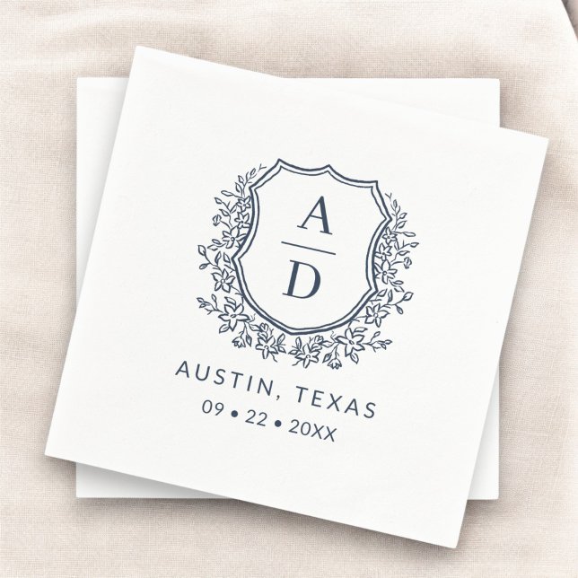 Navy Blue Crest Modern Monogram Wedding  Napkins (Creator Uploaded)