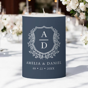 Navy Blue Crest Modern Monogram Wedding  Pillar Candle