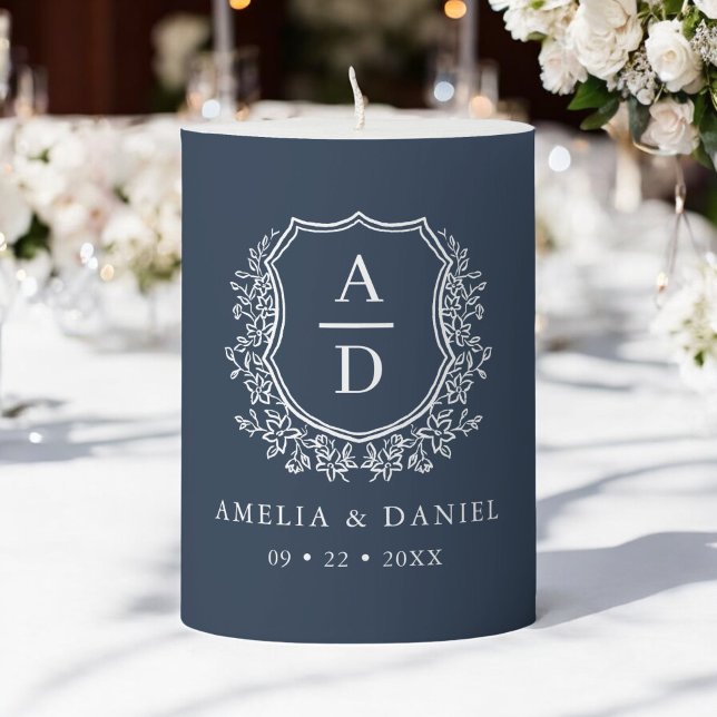 Navy Blue Crest Modern Monogram Wedding  Pillar Candle (Creator Uploaded)