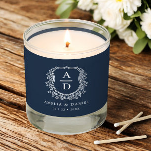 Navy Blue Crest Modern Monogram Wedding  Scented Candle