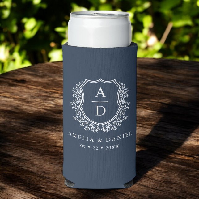 Navy Blue Crest Modern Monogram Wedding  Seltzer Can Cooler (Creator Uploaded)