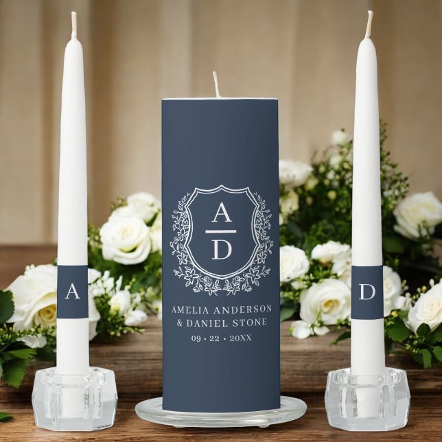 Navy Blue Crest Modern Monogram Wedding  Unity Candle Set (Creator Uploaded)