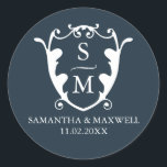 Navy Blue Crest Monogram Wedding Stickers<br><div class="desc">These wedding stickers feature a classic monogram crest in navy blue, offering a modern yet elegant touch for your engagement party or wedding favors. Designed with simple typography, this thank you sticker allows you to personalize the bride and groom's initials, names, and date in white using the easy template fields....</div>