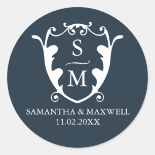 Navy Blue Crest Monogram Wedding Stickers