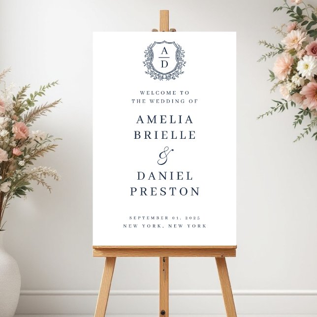 Navy Blue Crest Monogram Wedding Welcome Sign (Creator Uploaded)