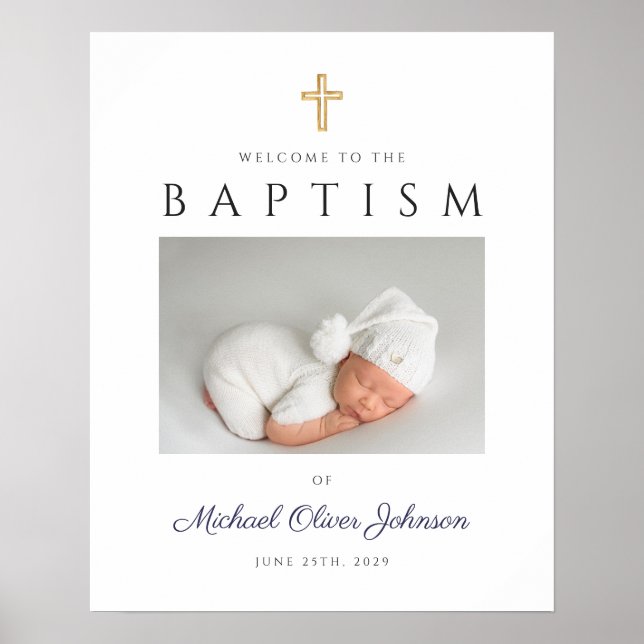 Navy Blue Cross Boy Baptism Welcome Photo Poster (Front)