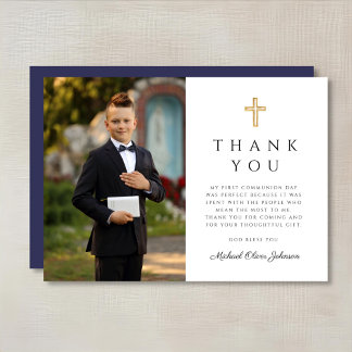 Navy Blue Cross Boy First Communion Photo Thank You Card