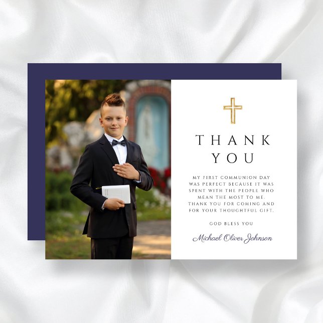 Navy Blue Cross Boy First Communion Photo Thank You Card (Navy Blue Cross Boy First Communion Photo Thank You Card)