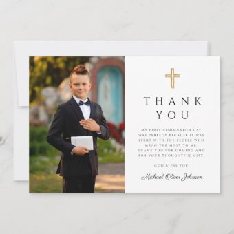 Navy Blue Cross Boy First Communion Photo Thank You Card 