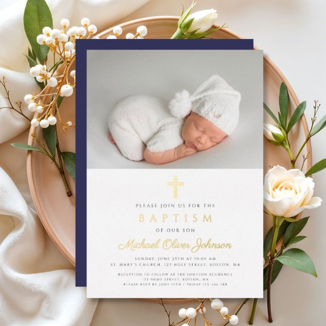 Navy Blue Cross Boy Photo Baptism Gold Foil Invitation (Navy Blue Cross Boy Photo Baptism Gold Foil Invitation)