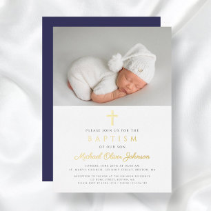 Navy Blue Cross Boy Photo Baptism Gold Foil Invitation