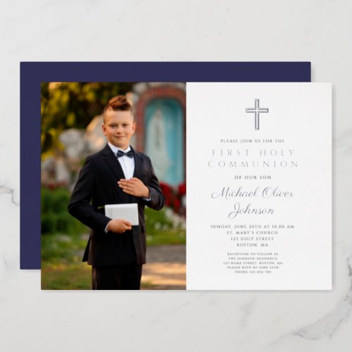 Navy Blue Cross Boy Photo First Communion Silver Foil Invitation