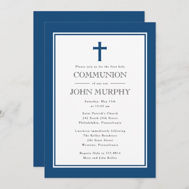 Navy Blue Cross, First Communion Invitation (Front/Back)