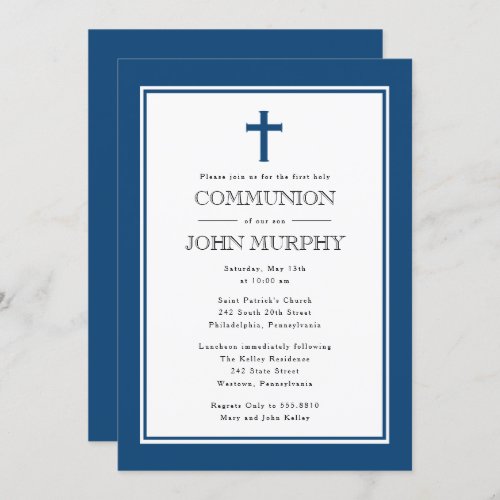 Navy Blue Cross First Communion Invitation
