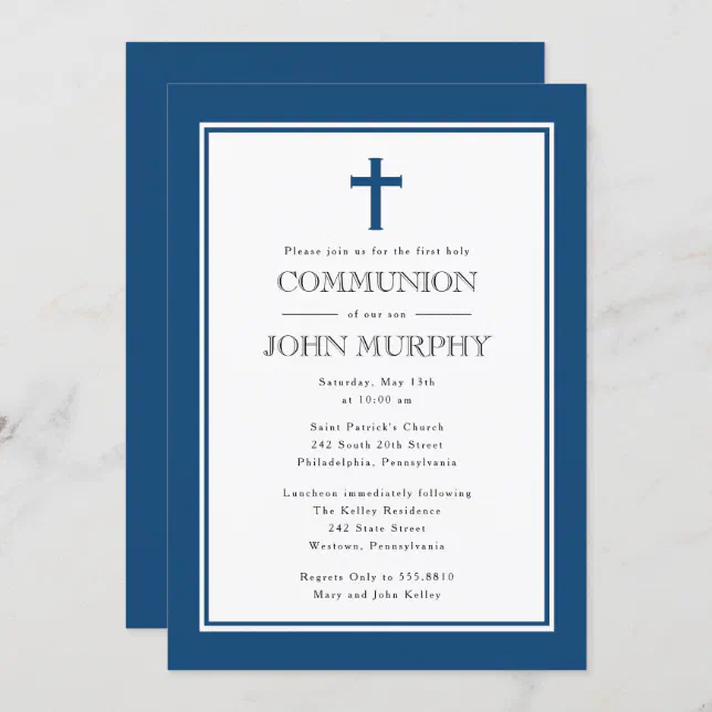 Navy Blue Cross, First Communion Invitation | Zazzle