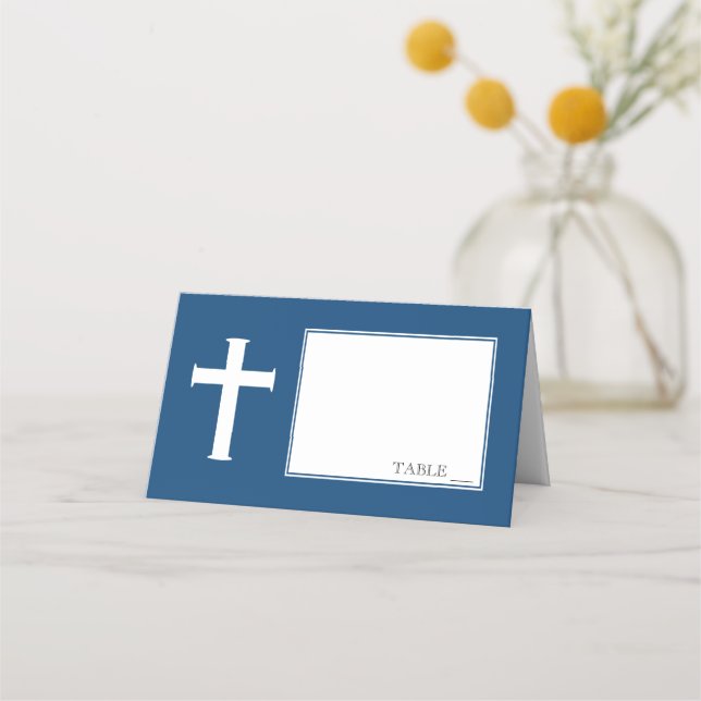 Navy Blue Cross First Communion Place Cards (Front)