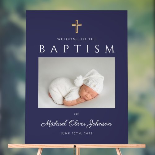 Navy Blue Cross Photo Boy Baptism Welcome Acrylic Sign