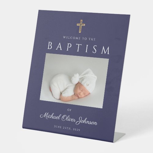Navy Blue Cross Photo Boy Baptism Welcome Pedestal Sign