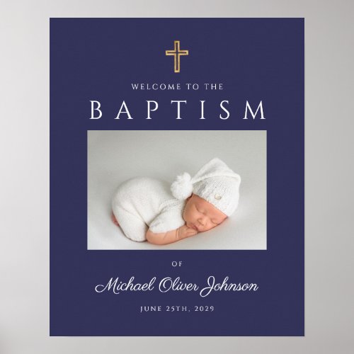 Navy Blue Cross Photo Boy Baptism Welcome  Poster