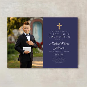 Navy Blue Cross Photo Boy First Communion  Invitation