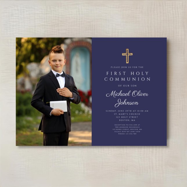 Navy Blue Cross Photo Boy First Communion  Invitation (Navy Blue Cross Photo Boy First Communion Invitation)