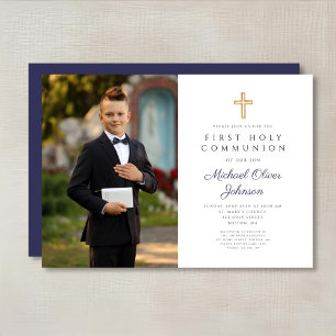 Navy Blue Cross Photo Boy First Communion Invitation
