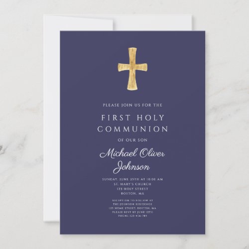 Navy Blue Cross Religious Boy First Holy Communion Invitation