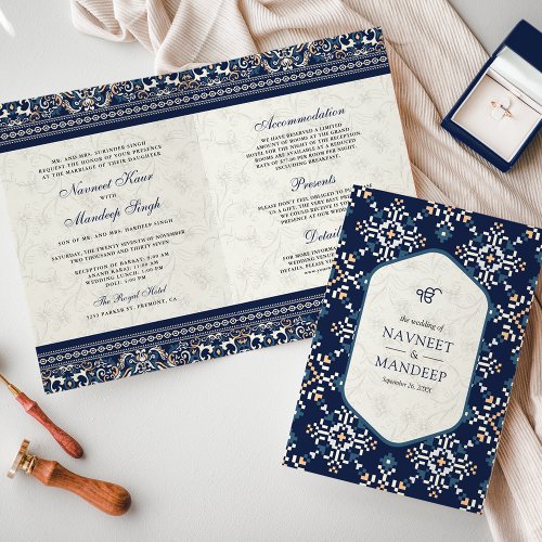 Navy Blue Cross_stitch All in One Sikh Wedding Invitation
