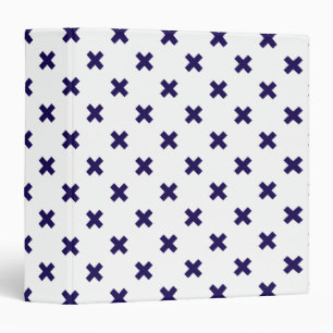 Navy blue cross stitches on white 3 ring binder