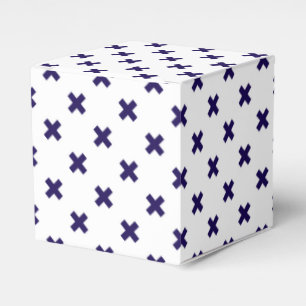 Navy blue cross stitches on white favor boxes